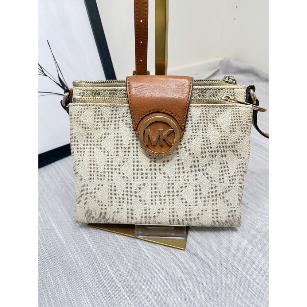Michael Kors Fulton Vanilla MK Signature Double Zip Crossbody Bag Brown Trim